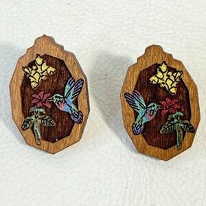 Wood Hummingbird Earrings Hand‎ Painted Carved Butterfly Floral Nature